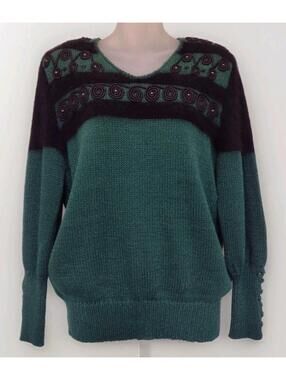 Vintage 80s Eugenia Angenie Green Angora Blend Puff Sleeve Sweater L Taiwan ROC